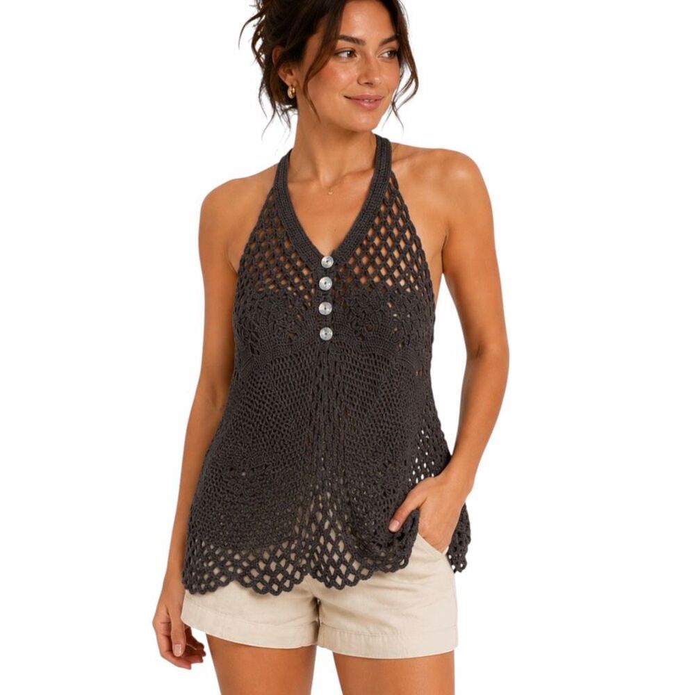 VINTAGE PURE HANDKNIT Women’s Gray Sleeveless Crochet Halter Vest Small Medium